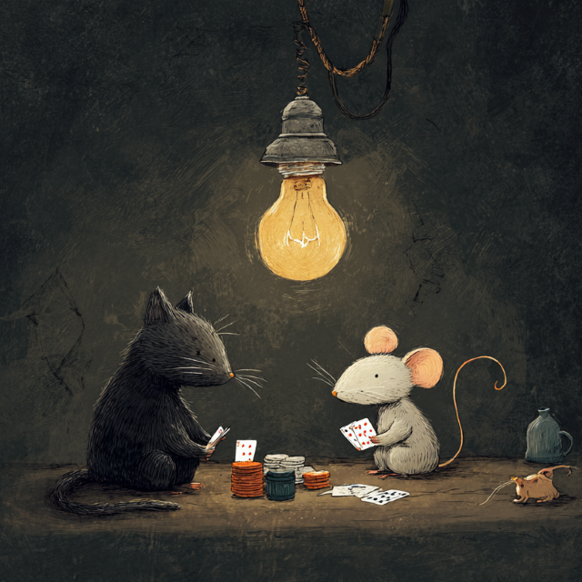 A cat and a mouse playing poker underneath a hanging lightbulb
