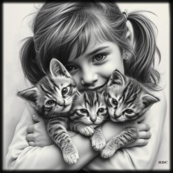 Charcoal style poster of a wee girl cuddling 3 kittens