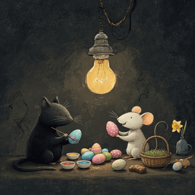 Cat and Mouse Painting Easter Eggs – Poster