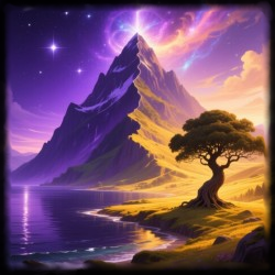 A glowing Tree of Life with golden spires perched atop Mount Memtar, radiating fairy-tale luminescence against a deep starry night.