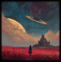 A girl in a field of red flowers walks towards a castle underneath an alien sky