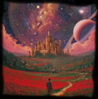 A man walks along the crimson path continuing his dreaming journey through his higher self.