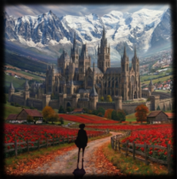 A child walks along a winding path towards a large fortress inside a vast O'Neil Cylinder.