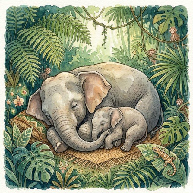 A Maternal Elephant with her Calf on Canvas